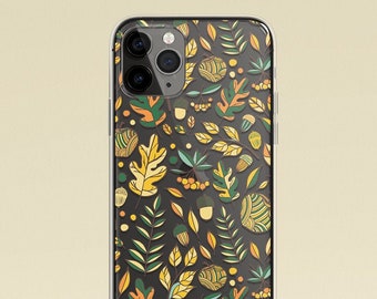 May include: A clear phone case with a black background and a colorful autumn leaf pattern. The pattern includes yellow, orange, green, and brown leaves, acorns, and berries.