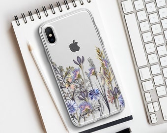 May include: A clear phone case with a floral design featuring blue, pink, and white flowers. The case is designed for an iPhone X.