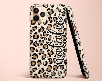 ヒョウ柄、モノグラム iPhone 12 ケース、iPhone 15 ケース、iPhone 13 ケース、iPhone 14 ケース、パーソナライズ、名前、イニシャル、アニマルプリント、ヒョウ柄