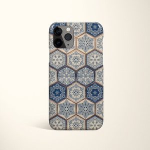 May include: A blue and white patterned phone case with a hexagonal design. The case has a raised camera bump and a cutout for the phone's charging port.