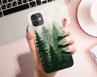 Coque pour iPhone 15 Pro, forêt, artistique, coque pour iPhone 12, coque pour iPhone 14, iPhone 13 Pro Max, coque, verte, arbres, cadeau de camping, coque pour iPhone 15