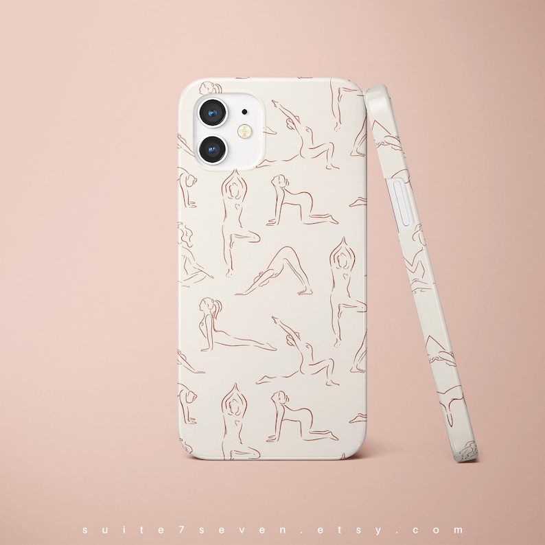 May include: A white iPhone case with a pattern of pink yoga poses. The case has a camera cutout and a clear back.