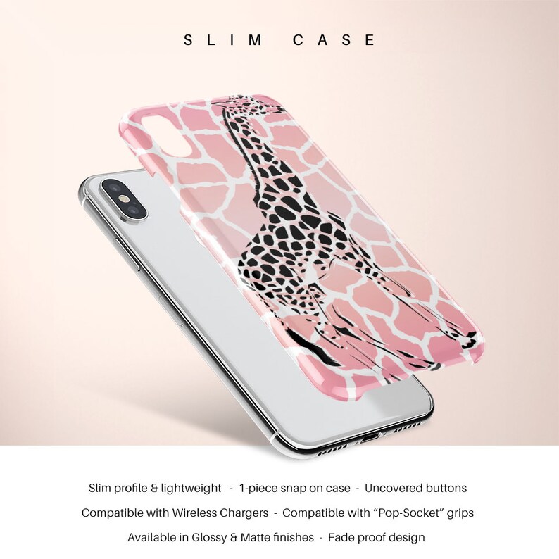 May include: A pink and black giraffe phone case with a slim profile and a one-piece snap-on design. The case is compatible with wireless chargers and pop sockets. It is available in glossy and matte finishes.
