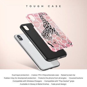 May include: A pink and black giraffe print phone case with a black border. The case is made of a two-piece TPU and polycarbonate material. It has a raised screen lip and rubber inlay for shockproof protection. The case is compatible with wireless chargers and pop sockets.
