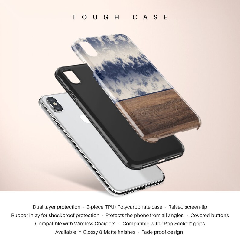 May include: A tough case for a phone with a blue and white cloudy sky design and a wood grain bottom. The case is made of two pieces, TPU and polycarbonate, and has a raised screen lip for protection. It is compatible with wireless chargers and has a fade-proof design.