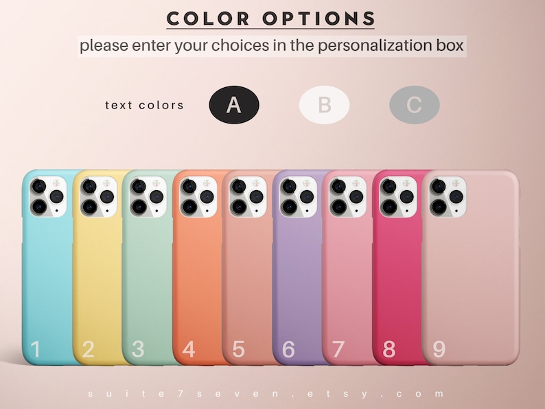 May include: Nine different colored phone cases, numbered 1 through 9. The cases are all the same style, with a clear camera lens and a solid color. The colors are: light blue, yellow, light green, orange, pink, lavender, light pink, red, and nude.
