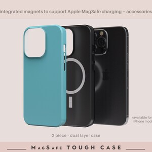 May include: A two-piece, dual-layer phone case with integrated magnets for MagSafe charging. The case is blue and black and is available for applicable iPhone models. The text "MAGSAFE TOUGH CASE" is printed on the bottom of the image.