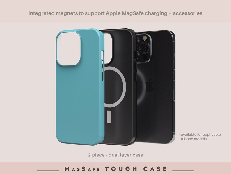 May include: A two-piece, dual-layer phone case with integrated magnets for MagSafe charging. The case is blue and black and is available for applicable iPhone models. The text "MAGSAFE TOUGH CASE" is printed on the bottom of the image.