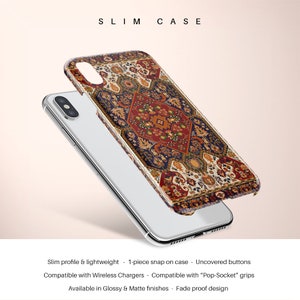 May include: A slim phone case with a colorful patterned design. The case is compatible with wireless chargers and pop sockets. It is available in glossy and matte finishes.