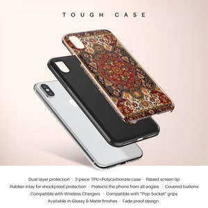 May include: A tough case for a phone with a colorful rug design. The case is made of two pieces, TPU and polycarbonate, and has a raised screen lip for extra protection. It also has a rubber inlay for shockproof protection and covered buttons. The case is compatible with wireless chargers and "Pop-Socket" grips. It is available in glossy and matte finishes and has a fade-proof design.