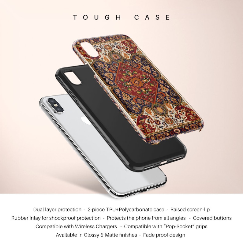 May include: A tough case for a phone with a colorful rug design. The case is made of two pieces, TPU and polycarbonate, and has a raised screen lip for extra protection. It also has a rubber inlay for shockproof protection and covered buttons. The case is compatible with wireless chargers and "Pop-Socket" grips. It is available in glossy and matte finishes and has a fade-proof design.
