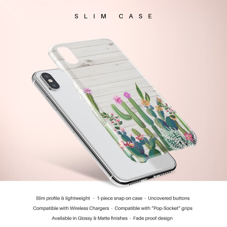 May include: A clear phone case with a white woodgrain background and a colorful cactus design. The case is slim and lightweight, and it has a one-piece snap-on design. It is compatible with wireless chargers and PopSocket grips. The case is available in glossy and matte finishes and is fade-proof.