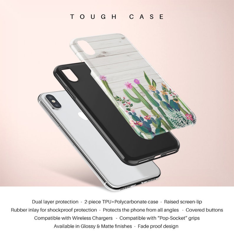 May include: A tough case for a phone with a white woodgrain background and a cactus design. The case is made of two pieces, TPU and polycarbonate, and has a raised screen lip for protection. It is compatible with wireless chargers and pop sockets.