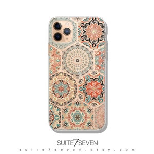 May include: A clear phone case with a colorful geometric pattern featuring hexagonal shapes and intricate designs in shades of orange, blue, and green. The case is designed for an iPhone.