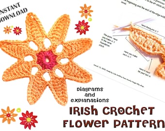 Irish lace motif pattern - Flower - Crochet Motif -  Irish crochet pattern