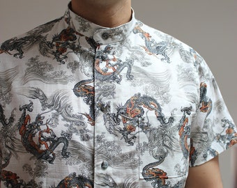 Korean collar shirt made with Japanese traditional textile, Eagle/ Dragon printing cotton shirt, Unisex Top