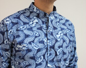 Stand collar shirt made with Shibori printing cotton /handmade Korean collar shirt