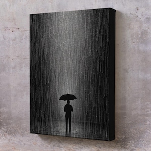 Man İn The Middle Of Nowhere İn Midnight Rain Canvas Painting, Minimal Modern Wall Decor, Minimal Canvas Print, Large Wall Art