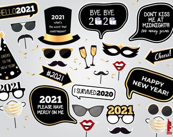 Happy new year 2021 Funny Printable photo booth props, Black Gold Photobooth Props, Pandemic new year, Quarantined new year, goodbye 2020