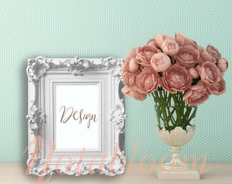 Download Free Ornate Vintage 5 X 7 White Portrait Frame Mock-Up / Stock Photo / Art Stock Image / Interior Room / Shop Display / Advertisement PSD Template