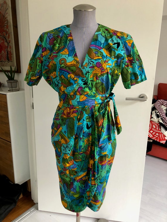 Colourful Vintage Egyptian Novelty Print Wrap Dres