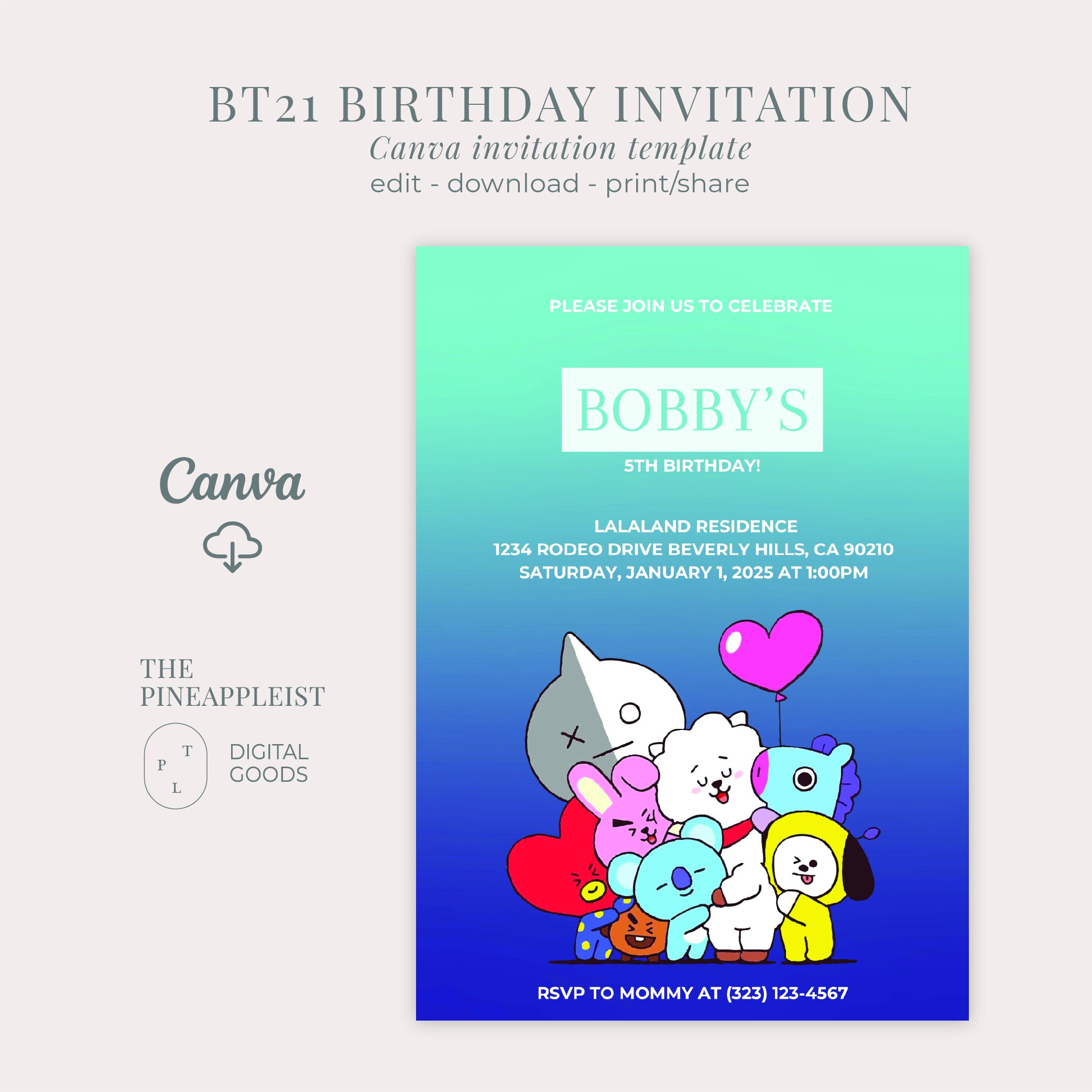 TPL // BT21 BTS Birthday Invitation Template Design by Irene Herbst - Etsy