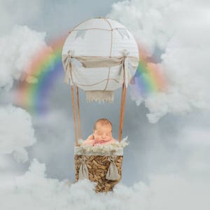 Hete luchtballon prop pasgeboren digitale achtergronden decor voor jongens en meisjes pasgeboren digitale prop voor regenboog baby, ballon in hemel met wolken