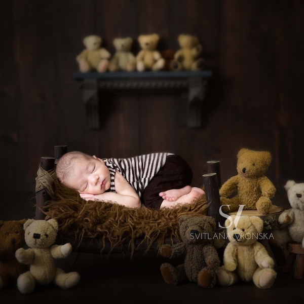 Digital Backdrop Newborn Photo Prop Cabin Log Bed Surounded with Cute Teddy Bears Newborn Composite Digital Prop