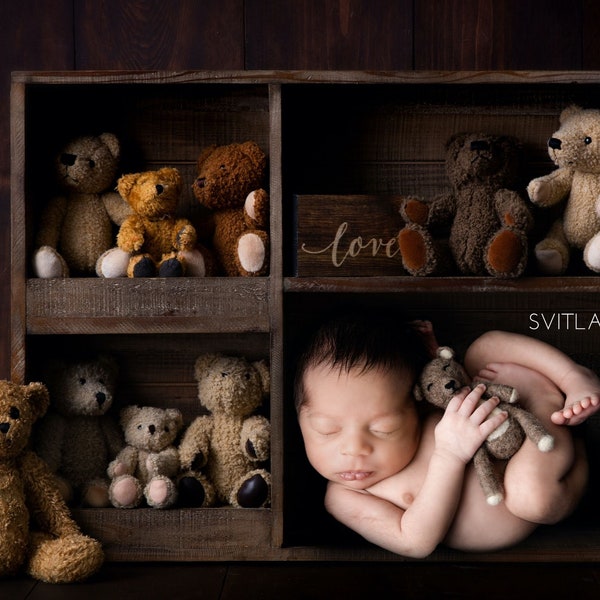 Recién nacido fondo digital un estante lleno de osos de peluche fondo digital recién nacido estante de madera, recién nacido fotografía compuesto teddy