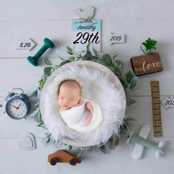 Newborn Baby Birth Announcement Photography Digital Backdrop Boy Prop for Photographers, Photoshop Template Edit In Baby Stats