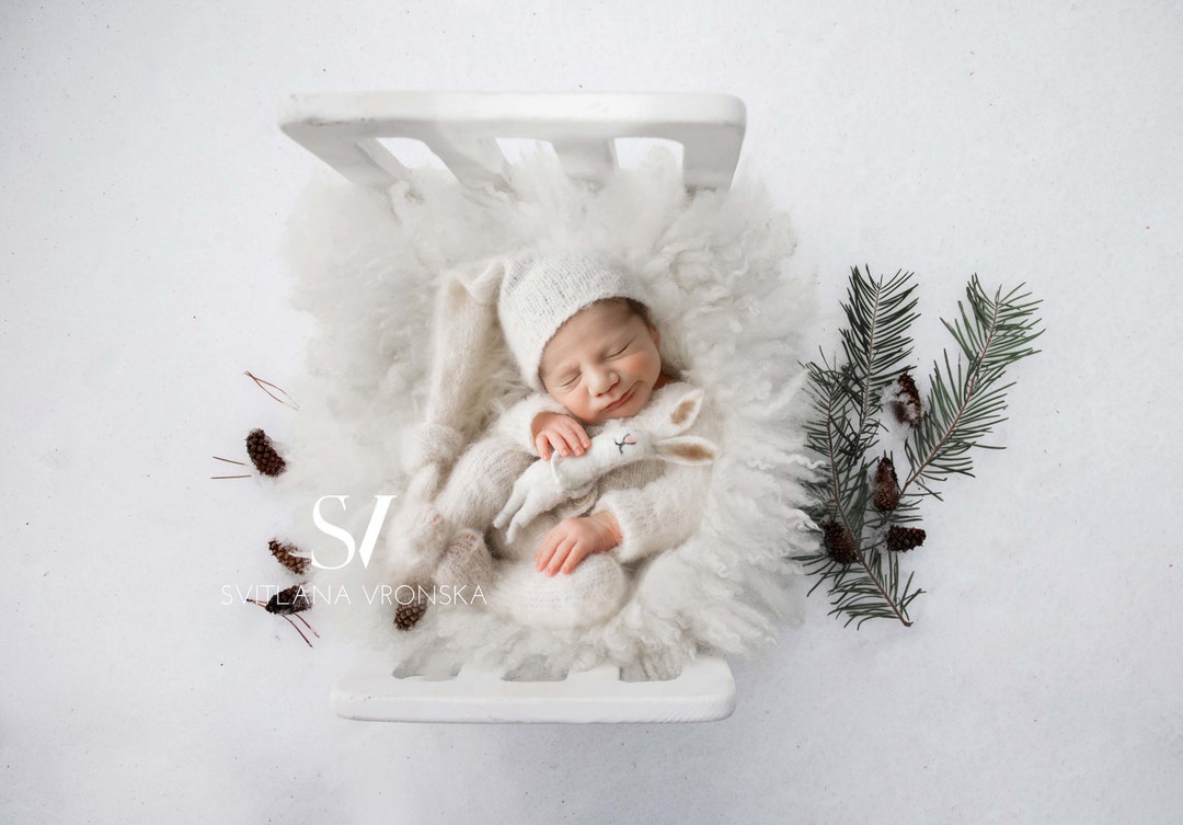 Newborn Digital Backdrop Winter Baby Bed on a Snow Newborn Digital
