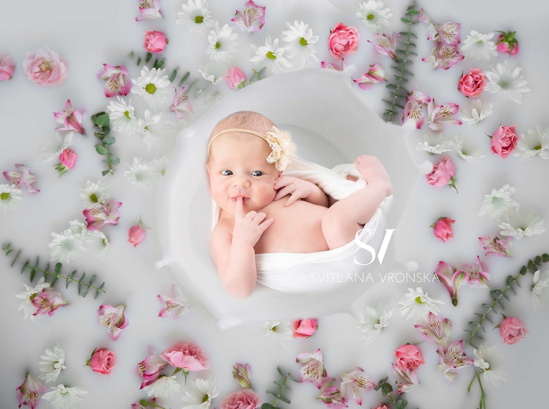 Floral Milk Bath With a Milk Crown Newborn Digital Backdrop Floral Milk