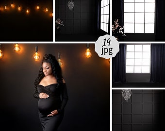 19 Digital Backdrops Dark Room with Backlit Window Digital Background for Maternity and Portrait Photography