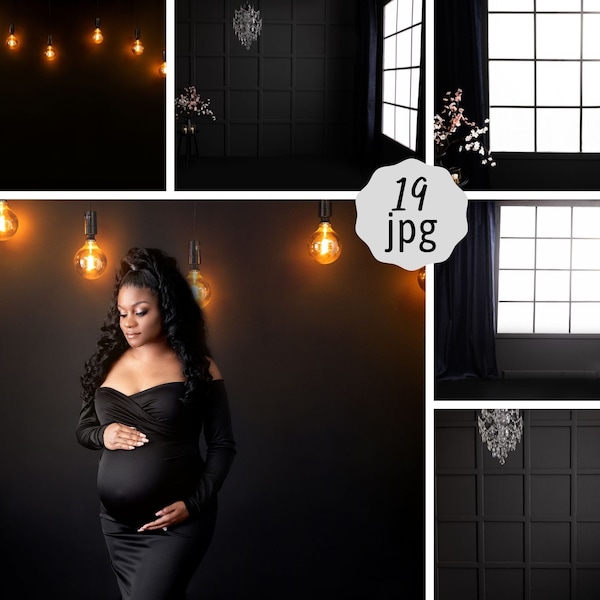 19 Digital Backdrops Dark Room with Backlit Window Digital Background for Maternity and Portrait Photography