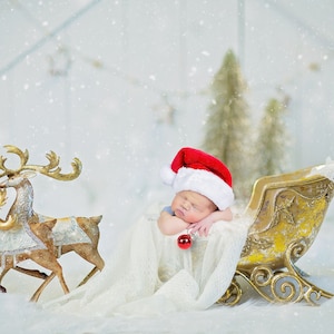 Santa Sleigh Reindeer and Falling Snow Digital Backdrop Newborn Digital Background, Christmas background, Winter backdrop