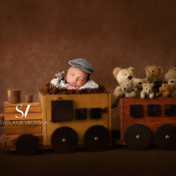 Newborn Digital Backdrop, Newborn Digital Background, Newborn Photo Prop Wooden Train with Teddy Bears Newborn Backdrop Boy Digital