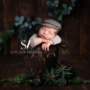 Newborn Digital Backdrop Boy Wooden Bucket with Greens on a Dark Wooden Background Newborn Digital Background image 1