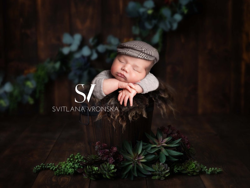 Newborn Digital Backdrop Boy Wooden Bucket with Greens on a Dark Wooden Background Newborn Digital Background image 1