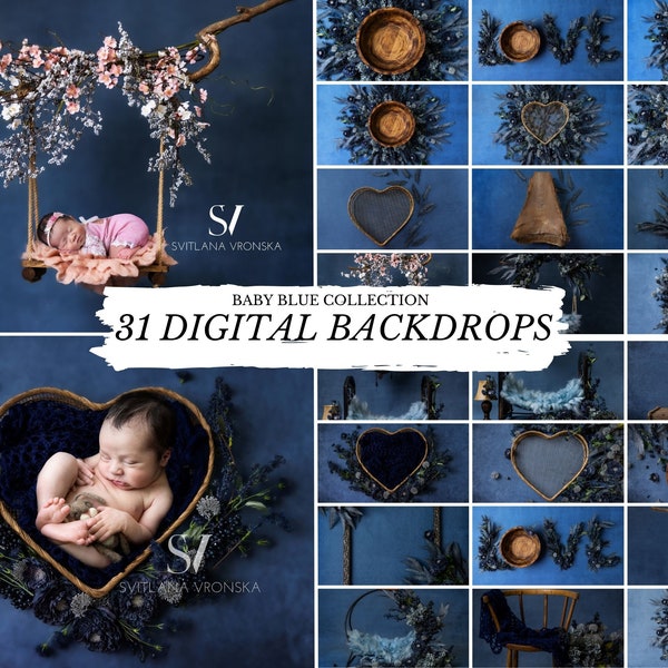 Newborn Digital Backdrops a Bundle of 31 High Quality Digital Backgrounds for Newborn Photography "Blue Collection"