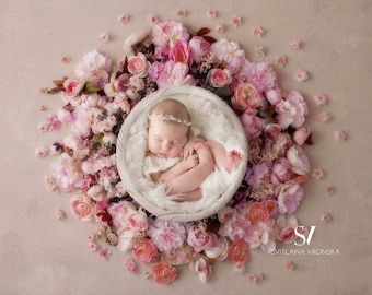 Digital Backdrop Newborn Girl Pink Floral Backdrop, Newborn Bowl Digital Photo Prop, Newborn Digital Background Girl Prop, Floral Busket