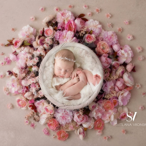 Digital Backdrop Newborn Girl Pink Floral Backdrop, Newborn Bowl Digital Photo Prop, Newborn Digital Background Girl Prop, Floral Busket