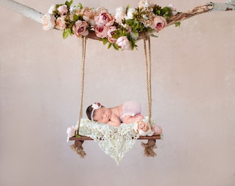 Newborn Floral Swing Digital Backdrop/Prop Woden Swing Pink Peony Flowers Newborn Swing Prop Digital Background