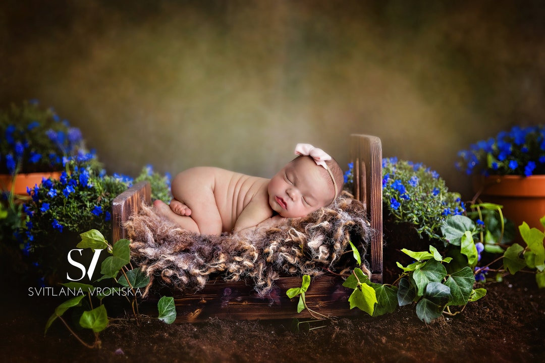 Newborn Digital Backdrop Rustic Wooden Bed in a Floral Garden Newborn ...