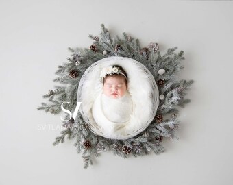 Newborn Digital Backdrop White Christmas Frost Baby Wreath/Nest Newborn Photography Prop Digital Background