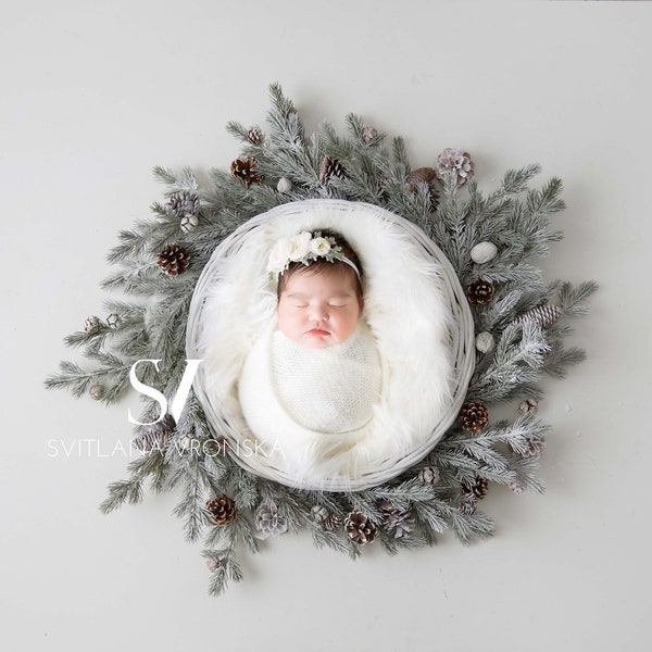Newborn Digital Backdrop White Christmas Frost Baby Wreath/Nest Newborn Photography Prop Digital Background