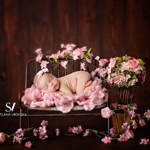 Newborn Digital Backdrop, Newborn Digital Background, Newborn Photography Prop, Dreamy Bed with Pink Flowers Newborn Backdrop