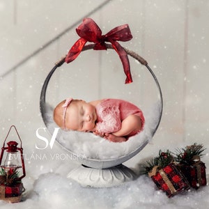 Christmas Newborn Digital Background Winter Newborn Photo Prop, Newborn Christmas Digital Backdrop, Snow Bed with Red Lantern