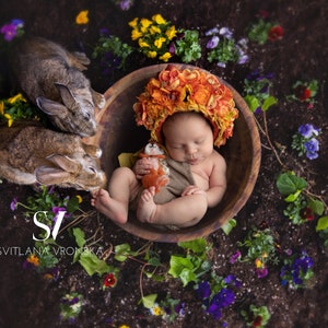 Newborn Digital Backdrop Colorful Floral garden with Easter Bunnies Newborn Digital BackgroundNewborn Photography Floral Backdrop