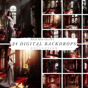 24 fondos digitales Rich Red Velvet Collection, telón de fondo digital de maternidad, fondo digital para fotografía de boudoir