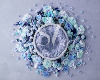 Newborn Digital Backdrop Girl Purple and Blue Floral Backdrop, Newborn Digital Background for Girl, Flower Wreath Newborn Prop Digital